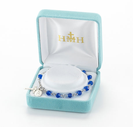 5mm Caribbean Blue Faceted Crystal Rosary Bracelet, Sterling Silver Medal and Crucifix