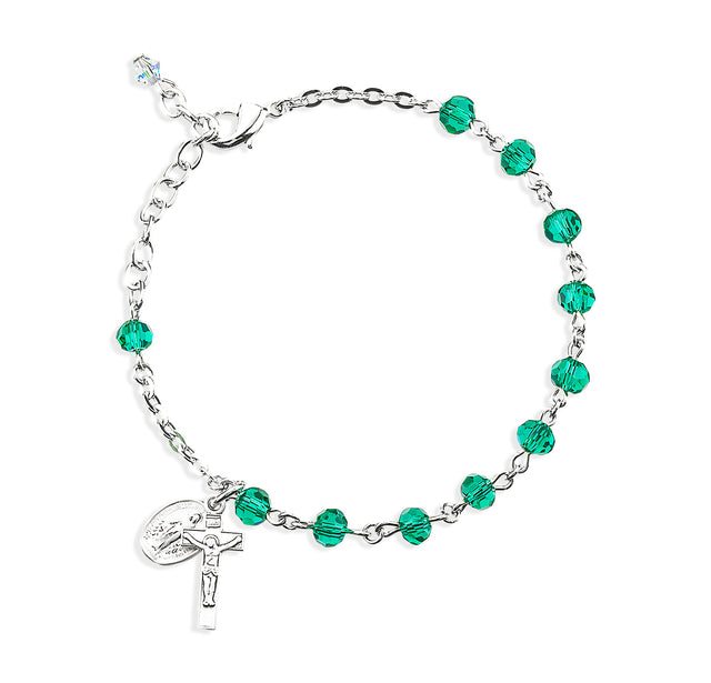 5mm Emerald Faceted Crystal Rosary Bracelet, Sterling Silver Medal and Crucifix