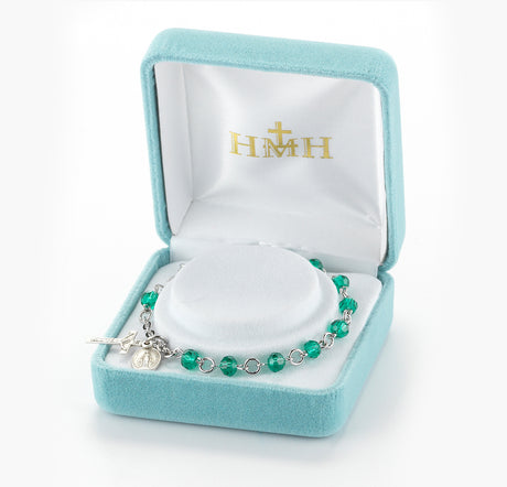 5mm Emerald Faceted Crystal Rosary Bracelet, Sterling Silver Medal and Crucifix