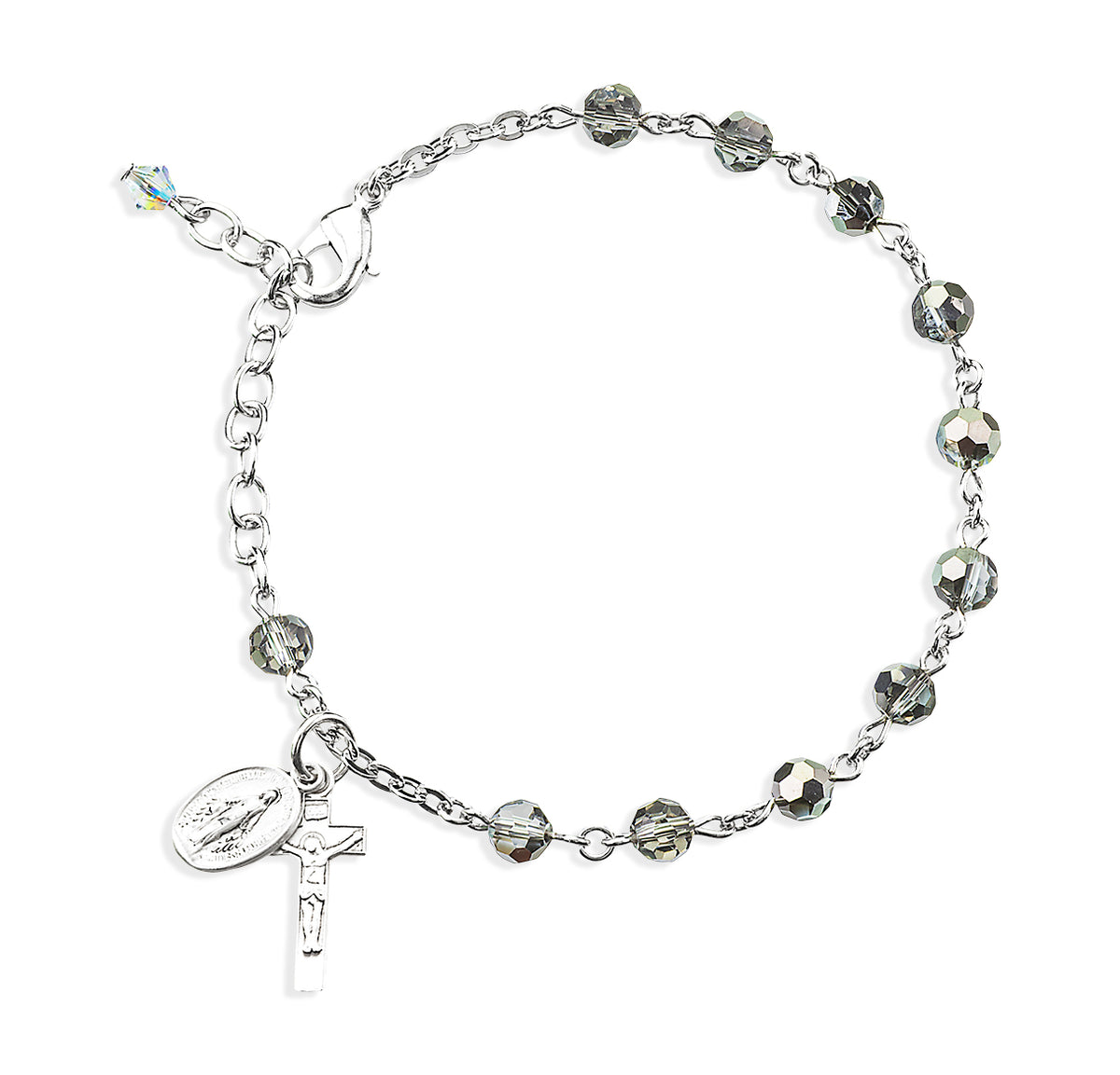 5mm Metallic Silver Faceted Crystal Rosary Bracelet, Sterling Silver Medal and Crucifix