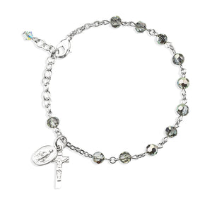 5mm Metallic Silver Faceted Crystal Rosary Bracelet, Sterling Silver Medal and Crucifix