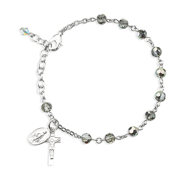 5mm Metallic Silver Faceted Crystal Rosary Bracelet, Sterling Silver Medal and Crucifix
