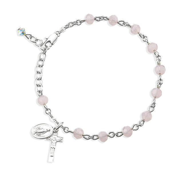 5mm Rose Opal Faceted Crystal Rosary Bracelet, Sterling Silver Medal and Crucifix