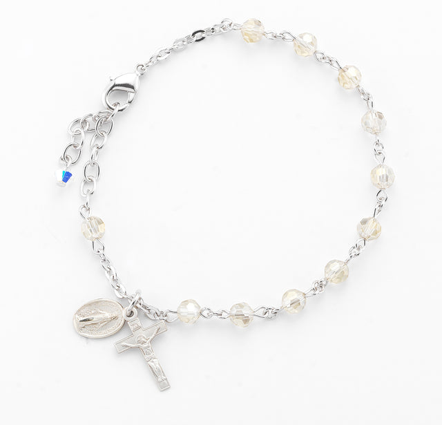 5mm Silk Faceted Crystal Rosary Bracelet, Sterling Silver Medal and Crucifix