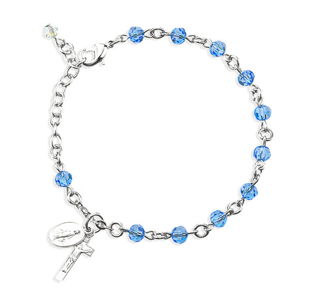 5mm Sapphire Faceted Crystal Rosary Bracelet, Sterling Silver Medal and Crucifix