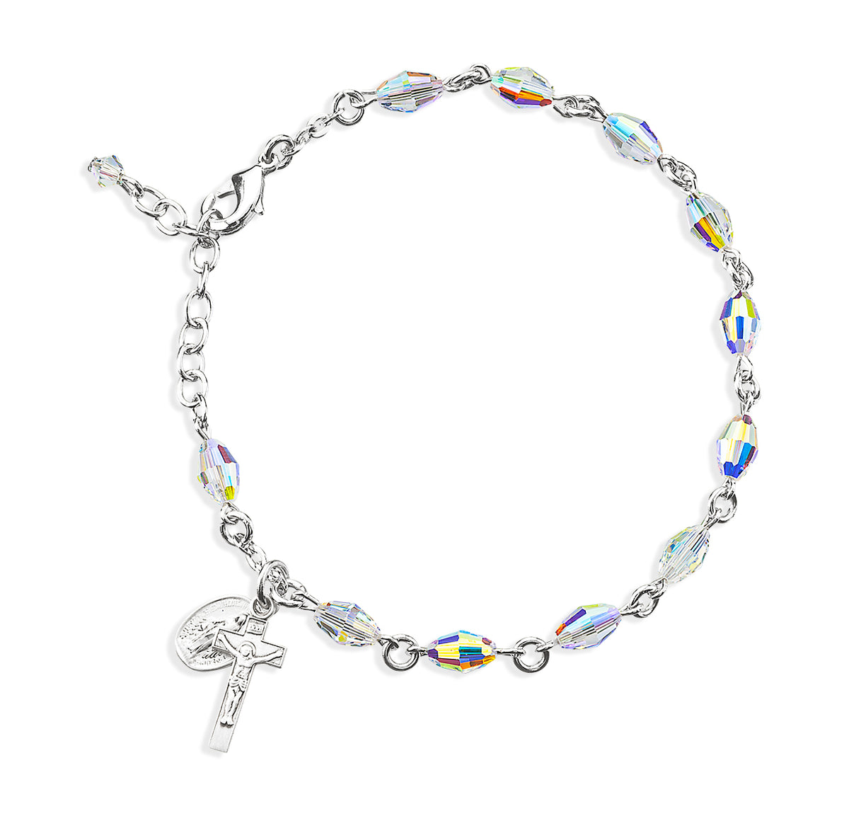 5x7mm Aurora Borealis Swarovski Crystal Oval Rosary Bracelet, Sterling Silver Medal and Crucifix