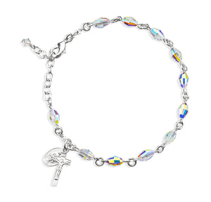 5x7mm Aurora Borealis Swarovski Crystal Oval Rosary Bracelet, Sterling Silver Medal and Crucifix