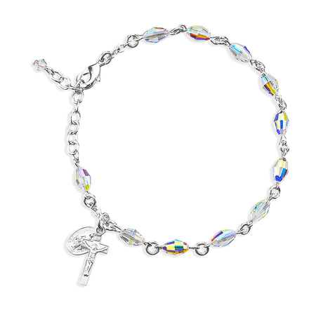 5x7mm Aurora Borealis Swarovski Crystal Oval Rosary Bracelet, Sterling Silver Medal and Crucifix