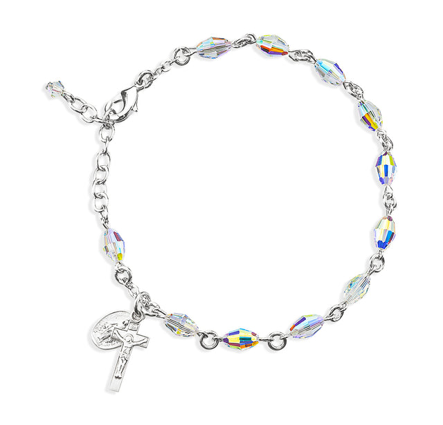 5x7mm Aurora Borealis Swarovski Crystal Oval Rosary Bracelet, Sterling Silver Medal and Crucifix