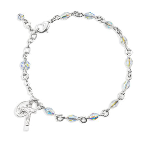 4x6mm Aurora Borealis Swarovski Crystal Helix Rosary Bracelet, Sterling Silver Medal and Crucifix