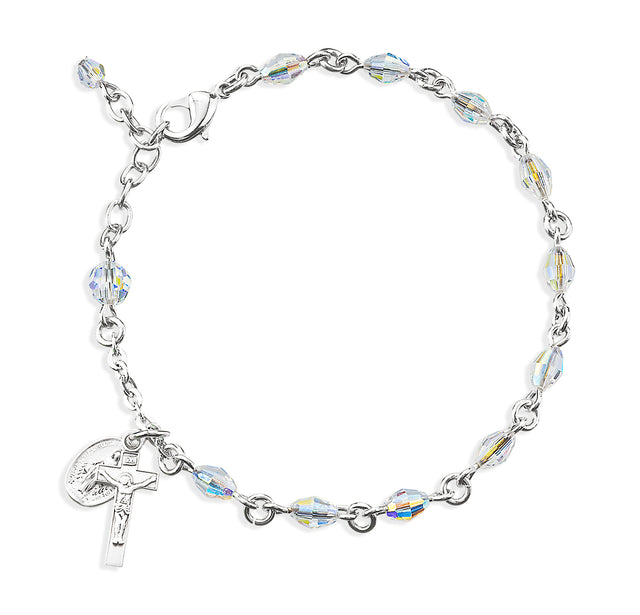 4x6mm Aurora Borealis Swarovski Crystal Helix Rosary Bracelet, Sterling Silver Medal and Crucifix