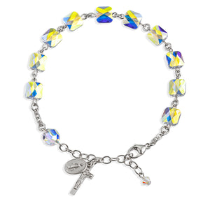 8mm Aurora Borealis Swarovski Crystal Multi-Faceted Square Rosary Bracelet, Sterling Silver Medal and Crucifix