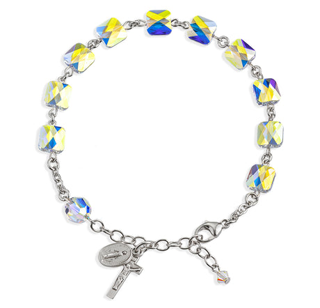 8mm Aurora Borealis Swarovski Crystal Multi-Faceted Square Rosary Bracelet, Sterling Silver Medal and Crucifix