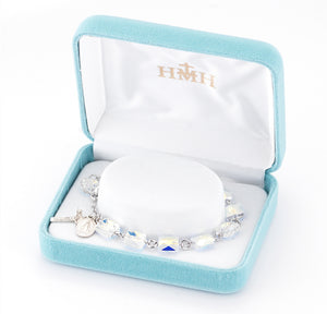 8mm Aurora Borealis Swarovski Crystal Multi-Faceted Square Rosary Bracelet, Sterling Silver Medal and Crucifix