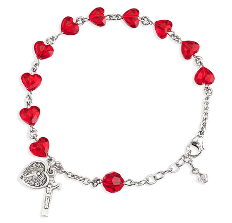 8mm Red Swarovski Crystal Heart Rosary Bracelet, Sterling Silver Medal and Crucifix