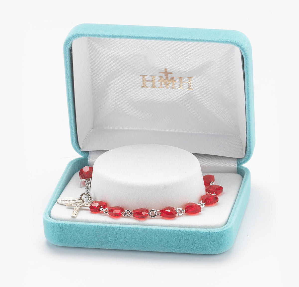 8mm Red Swarovski Crystal Heart Rosary Bracelet, Sterling Silver Medal and Crucifix