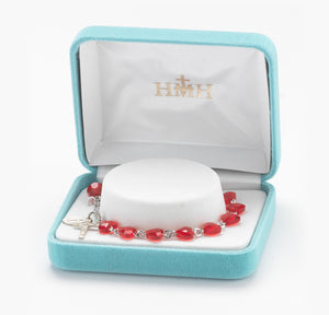 8mm Red Swarovski Crystal Heart Rosary Bracelet, Sterling Silver Medal and Crucifix
