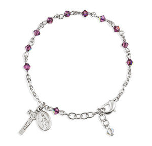 4mm Amethyst Swarovski Crystal Rondelle Rosary Bracelet, Sterling Silver Medal and Crucifix