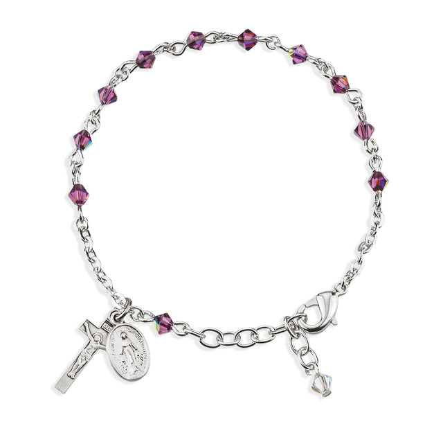 4mm Amethyst Swarovski Crystal Rondelle Rosary Bracelet, Sterling Silver Medal and Crucifix