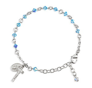 4mm Aqua Swarovski Crystal Rondelle Rosary Bracelet, Sterling Silver Medal and Crucifix