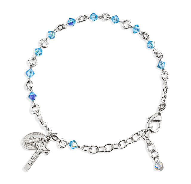 4mm Aqua Swarovski Crystal Rondelle Rosary Bracelet, Sterling Silver Medal and Crucifix