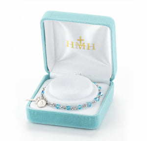 4mm Aqua Swarovski Crystal Rondelle Rosary Bracelet, Sterling Silver Medal and Crucifix