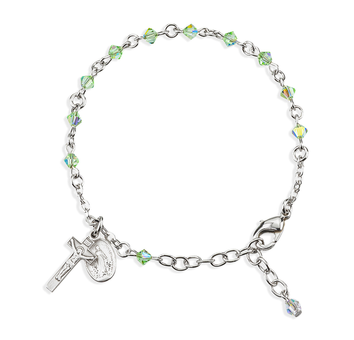 4mm Chrysolite Swarovski Crystal Rondelle Rosary Bracelet, Sterling Silver Medal and Crucifix