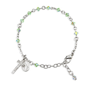 4mm Chrysolite Swarovski Crystal Rondelle Rosary Bracelet, Sterling Silver Medal and Crucifix