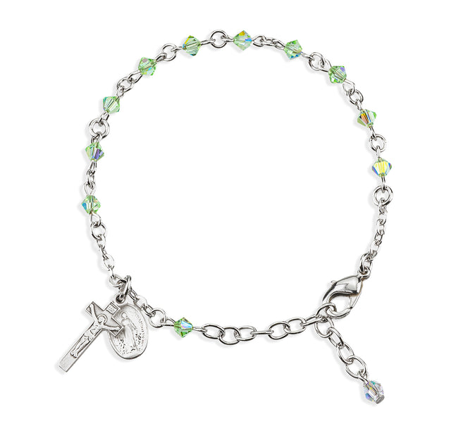 4mm Chrysolite Swarovski Crystal Rondelle Rosary Bracelet, Sterling Silver Medal and Crucifix