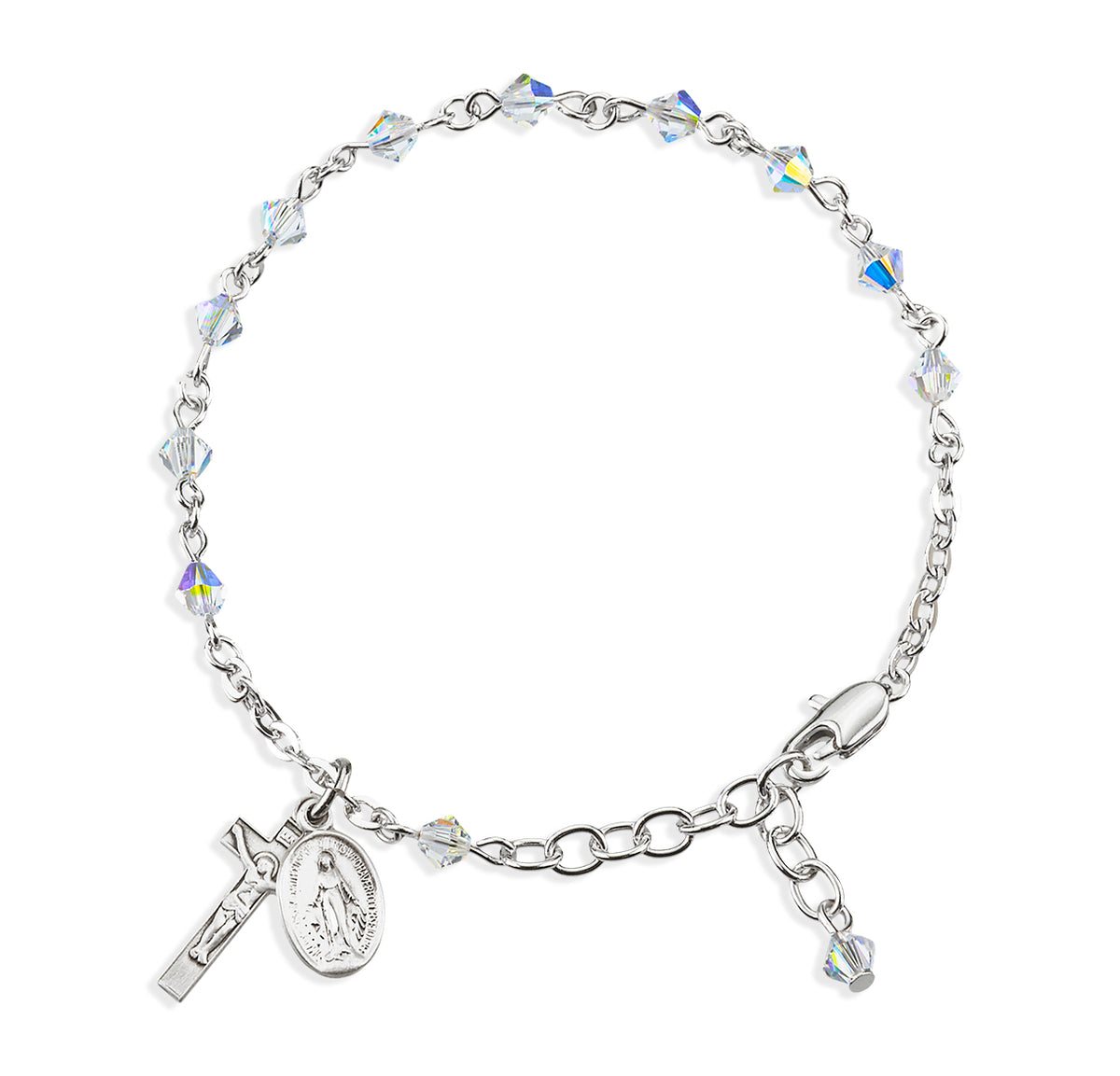 4mm Aurora Borealis Swarovski Crystal Rondelle Rosary Bracelet, Sterling Silver Medal and Crucifix