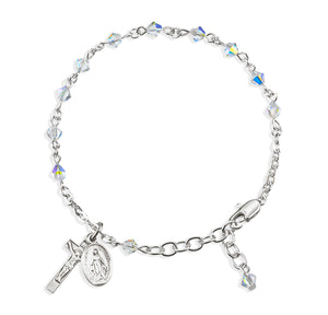 4mm Aurora Borealis Swarovski Crystal Rondelle Rosary Bracelet, Sterling Silver Medal and Crucifix