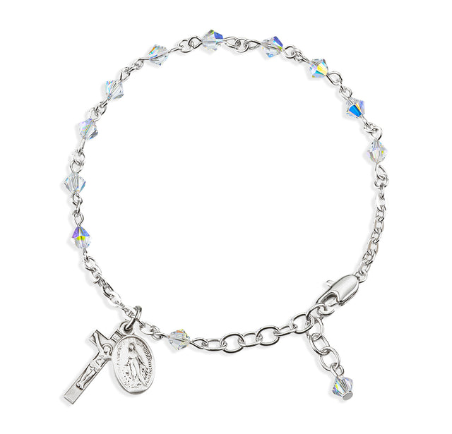 4mm Aurora Borealis Swarovski Crystal Rondelle Rosary Bracelet, Sterling Silver Medal and Crucifix