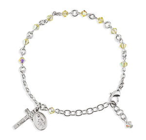 4mm Jonquil Swarovski Crystal Rondelle Rosary Bracelet, Sterling Silver Medal and Crucifix