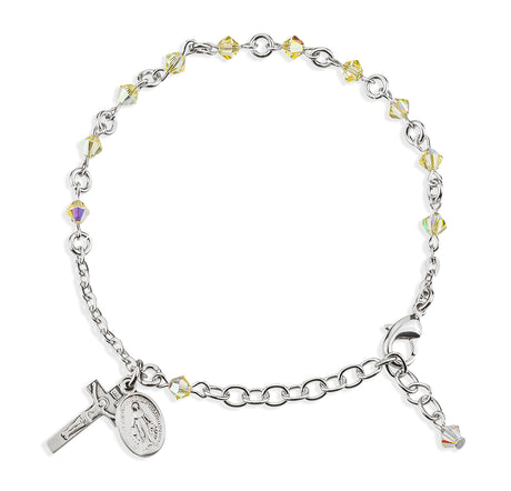 4mm Jonquil Swarovski Crystal Rondelle Rosary Bracelet, Sterling Silver Medal and Crucifix