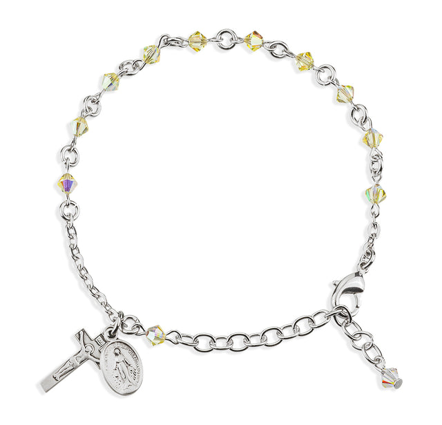 4mm Jonquil Swarovski Crystal Rondelle Rosary Bracelet, Sterling Silver Medal and Crucifix