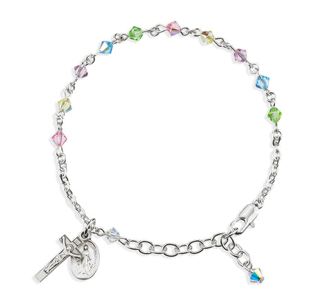 4mm Multi-Color Swarovski Crystal Rondelle Rosary Bracelet, Sterling Silver Medal and Crucifix
