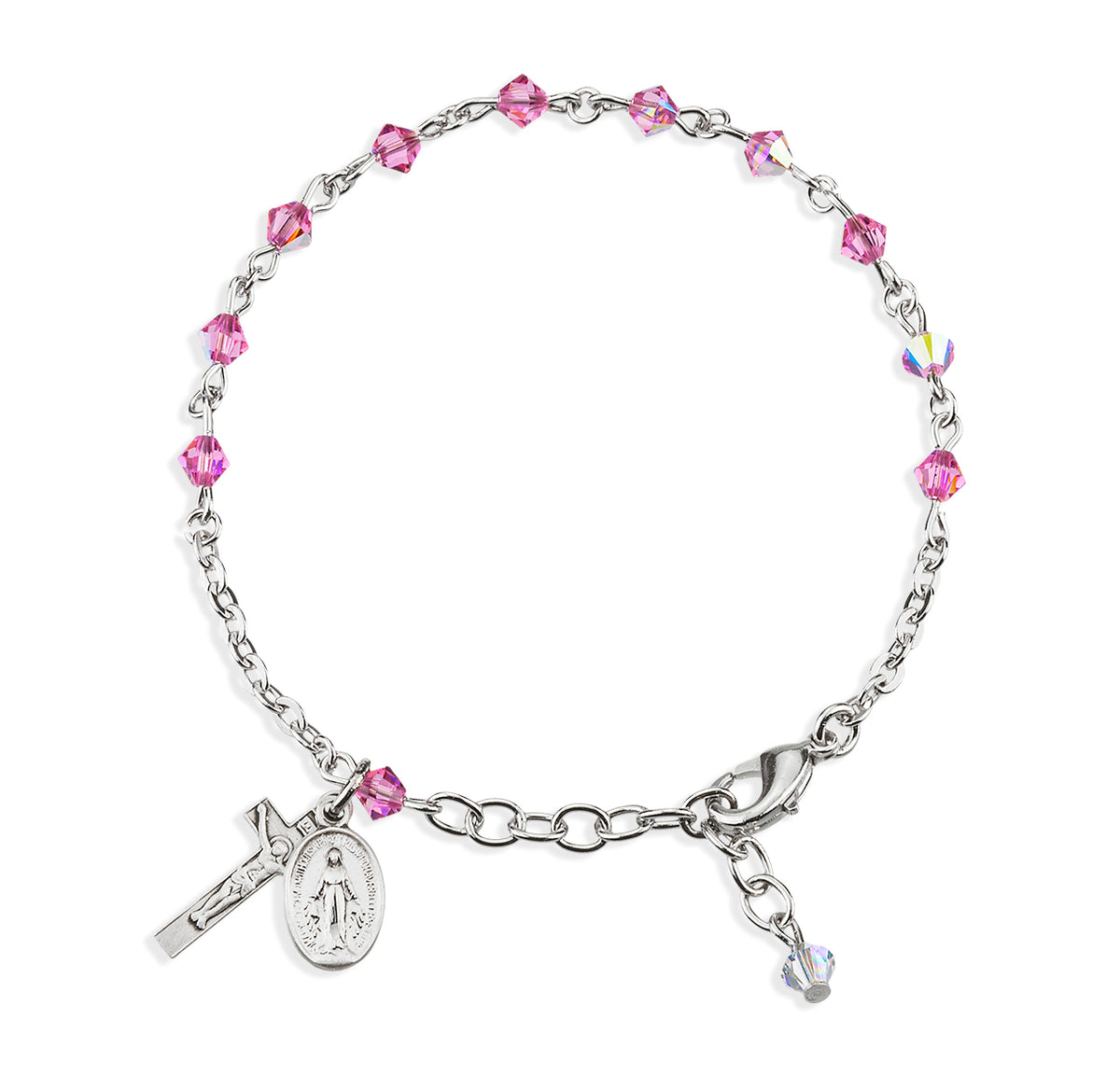 4mm Pink Swarovski Crystal Rondelle Rosary Bracelet, Sterling Silver Medal and Crucifix