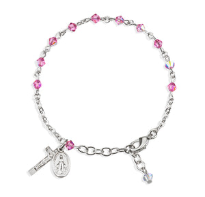 4mm Pink Swarovski Crystal Rondelle Rosary Bracelet, Sterling Silver Medal and Crucifix