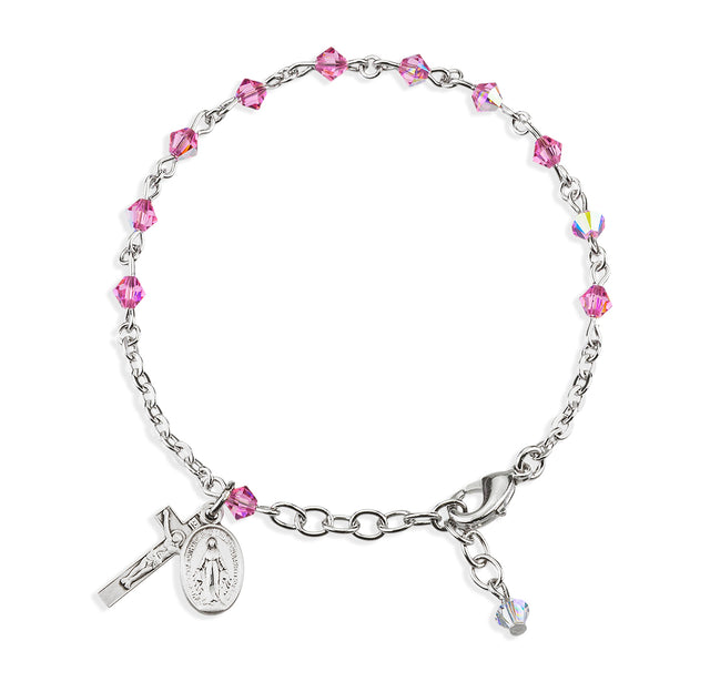 4mm Pink Swarovski Crystal Rondelle Rosary Bracelet, Sterling Silver Medal and Crucifix