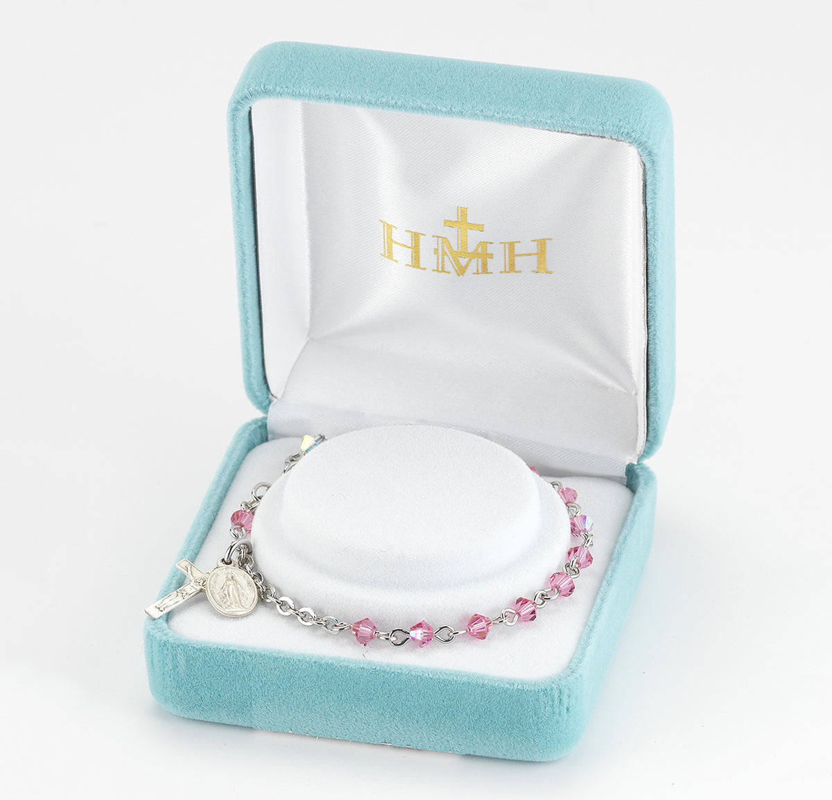 4mm Pink Swarovski Crystal Rondelle Rosary Bracelet, Sterling Silver Medal and Crucifix