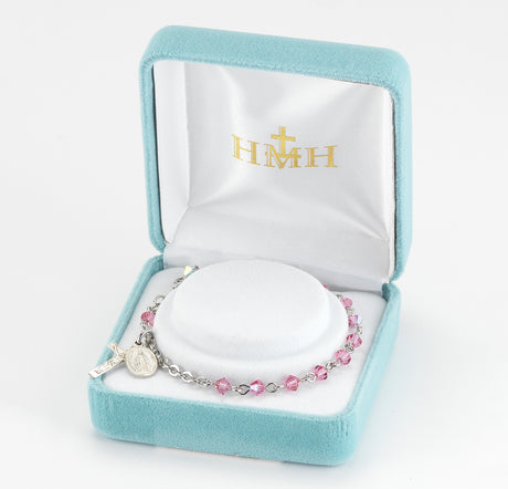 4mm Pink Swarovski Crystal Rondelle Rosary Bracelet, Sterling Silver Medal and Crucifix
