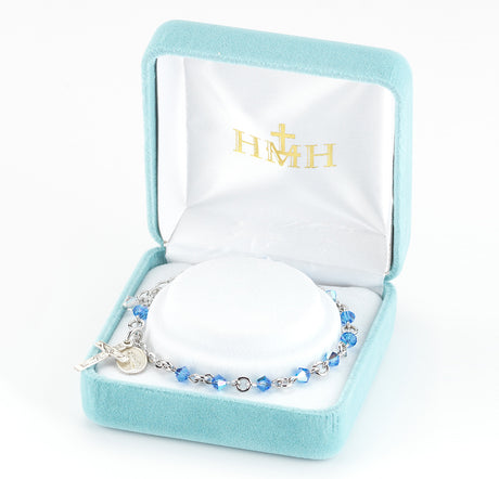 4mm Sapphire Swarovski Crystal Rondelle Rosary Bracelet, Sterling Silver Medal and Crucifix