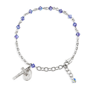 4mm Tanzanite Swarovski Crystal Rondelle Rosary Bracelet, Sterling Silver Medal and Crucifix