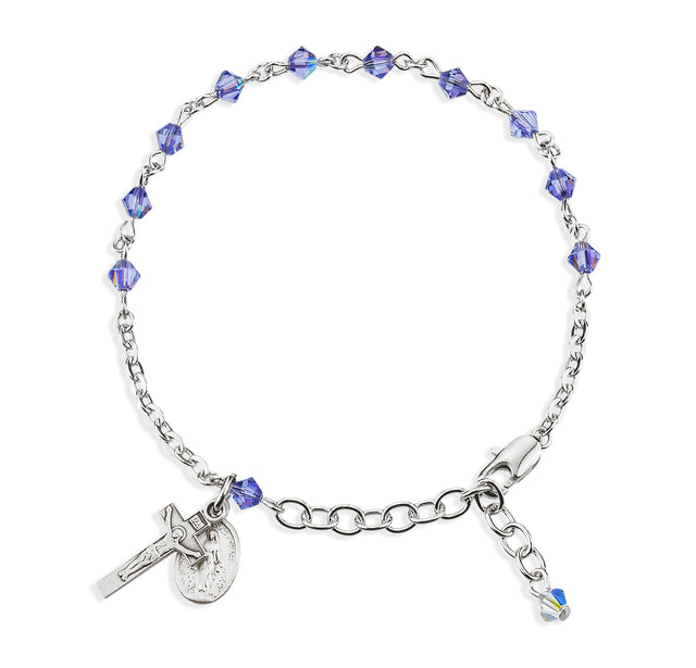4mm Tanzanite Swarovski Crystal Rondelle Rosary Bracelet, Sterling Silver Medal and Crucifix