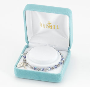 4mm Tanzanite Swarovski Crystal Rondelle Rosary Bracelet, Sterling Silver Medal and Crucifix