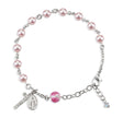 6mm Pink Swarovski Crystal Pearl Rosary Bracelet with Rose Glass Our Father Bead, Sterling Silver Medal and Crucifix