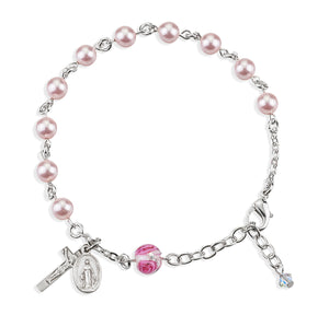 6mm Pink Swarovski Crystal Pearl Rosary Bracelet with Rose Glass Our Father Bead, Sterling Silver Medal and Crucifix
