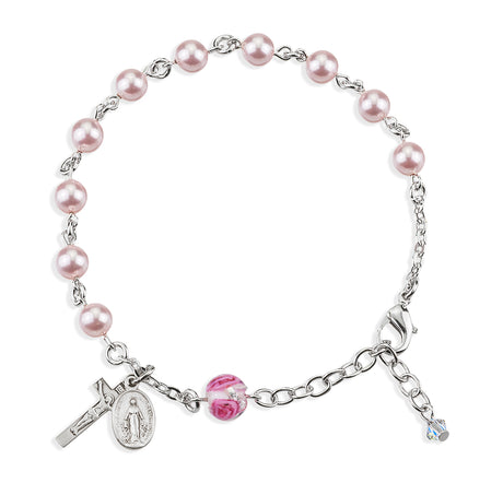 6mm Pink Swarovski Crystal Pearl Rosary Bracelet with Rose Glass Our Father Bead, Sterling Silver Medal and Crucifix