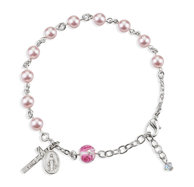 6mm Pink Swarovski Crystal Pearl Rosary Bracelet with Rose Glass Our Father Bead, Sterling Silver Medal and Crucifix