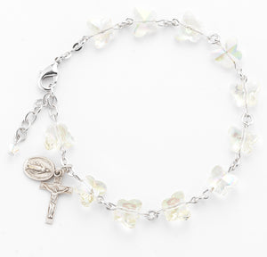 8mm Aurora Borealis Crystal Butterfly Rosary Bracelet, Sterling Silver Medal and Crucifix